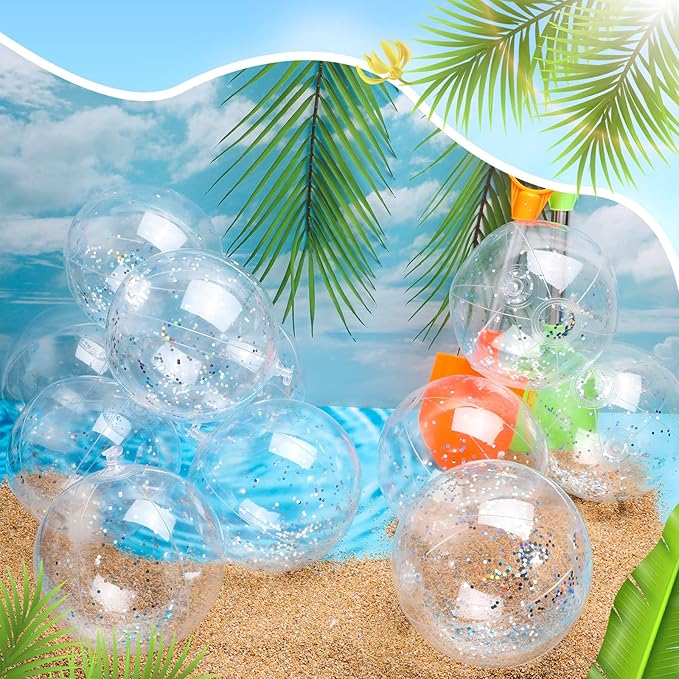 Hungdao 25 Pcs Inflatable Glitter Beach Ball 8 Inches Mini Clear Floatable Confetti Ball for Kids Bulk Swimming Pool Theme Party Toy for Hawaiian Theme Party Decorations Favors Supplies