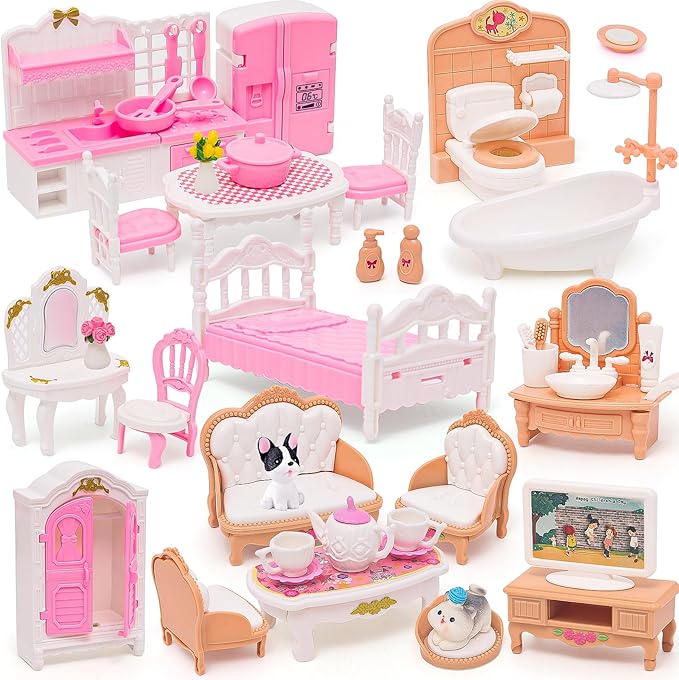 HAPGFS Doll House Mini Furniture 45 Pcs Dollhouse Furniture Set Accessories Pretend Play Bedroom Living Room Bathroom Kitchen for Kids Birthday and Christmas Mixed Color
