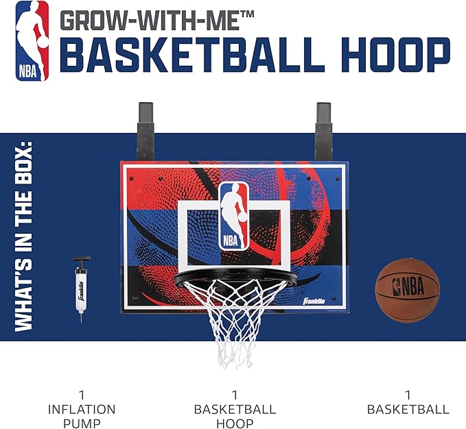 Franklin Sports NBA Grow-with-Me Kids Mini Basketball Hoop Set - Over the Door Indoor Hoop for Kids - Includes (1) Adjustable Height Basket, (1) Mini Youth Basketball + Air Pump - Ages 3+
