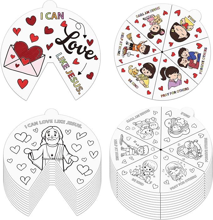 COcnny Valentine’s Day Christian Coloring Craft for Kids - 24 Sets Color Your Own Valentines Religious Art Cards, DIY Sweet Jesus Bible Wheel Paper for Church Sunday School Classroom Class Activities