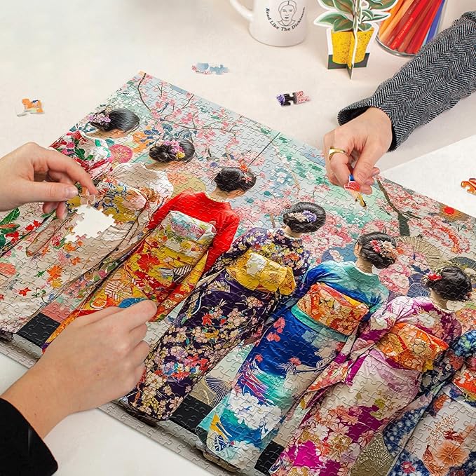 PICKFORU Elegant Kimono Puzzles for Adults 1000 Pieces, Intage Cherry Blossom Geisha Puzzles, Colorful Unique Japanese Art Puzzle as Wall Decor