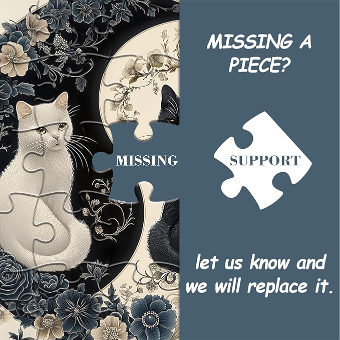 Yin Yang Cat Puzzle for Adults 1000 Pieces, Black and White Kitten Flower Animal Puzzle, Beautiful Aesthetic Art Kitty Floral Jigsaw Puzzle, Impossible Difficult Hard Challenge for Adults