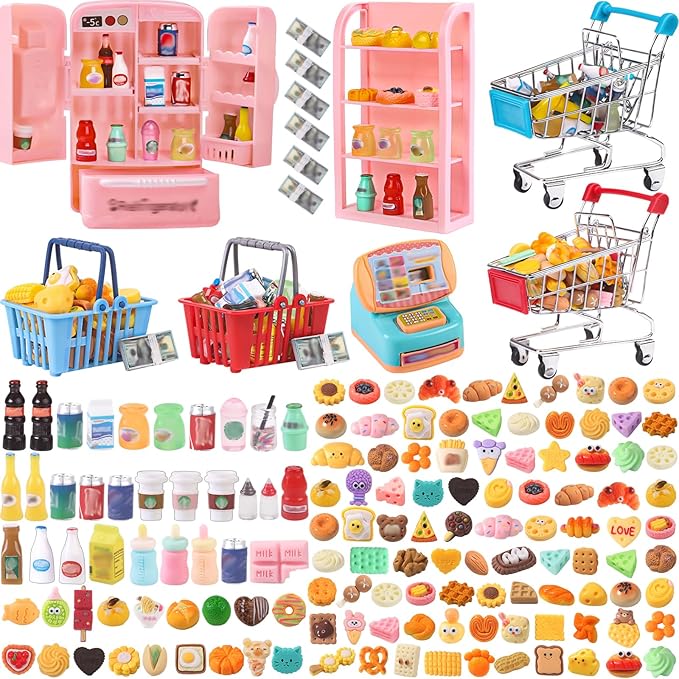 DULEFUN 143pcs Mini Shopping Cart Basket Miniature Food Drink Bottle Toys, Supermarket Shelve Metal Handcart Cash Register for Dollhouse Store AccessoryPretend Play Cosplay Game Kids Party Favor