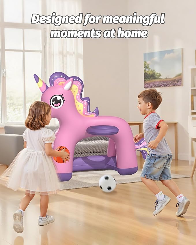 JOSEN Inflatable Toddler Basketball Hoop & Soccer Goal, 2-in-1 Mini Basketball Hoop Indoor Outdoor Sports Center Toys with DIY Stickers, Kids Birthday for Boys Girls 1 2 3 4 5 Year Old