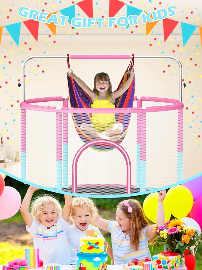 BLUERISE 55IN 6FT Toddler Trampoline for Kids Indoor Outdoor Play for Kids Trampoline Basketball Hoop Attachment with Enclosure Net Easy to Assemble