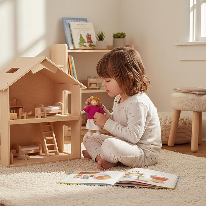 PlanToys® Mother Wooden Dollhouse Figurine | Poseable 1:12 Scale Mini Doll (5 Inch) | Dollhouse Accessories for Pretend Play | Eco-Friendly Montessori Toy for Kids Ages 3+