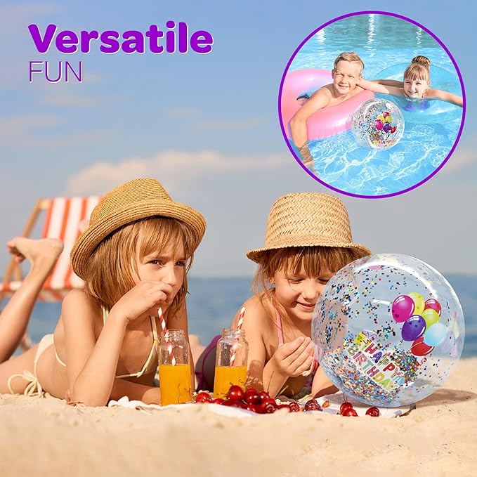 4E's Novelty 22 Inch Large Happy Birthday Beach Ball with Glitter Inside, for Pool Birthday Decorations Supplies, Outdoor Yard Games, Inflatable Pool Toys for Kids Adults