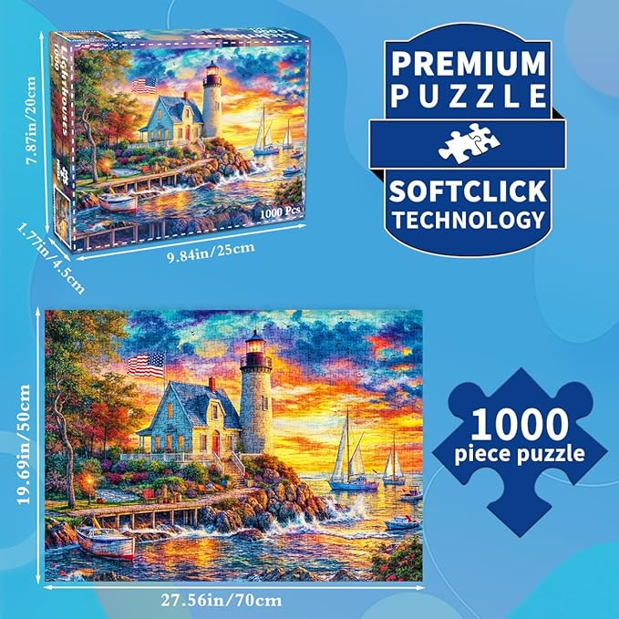 HUADADA 1000 Piece Puzzles for Adults - Sunset Lighthouse - Jigsaw Puzzles for Adults 1000 Piece Educational Games Colorful Puzzles for Home Decoration