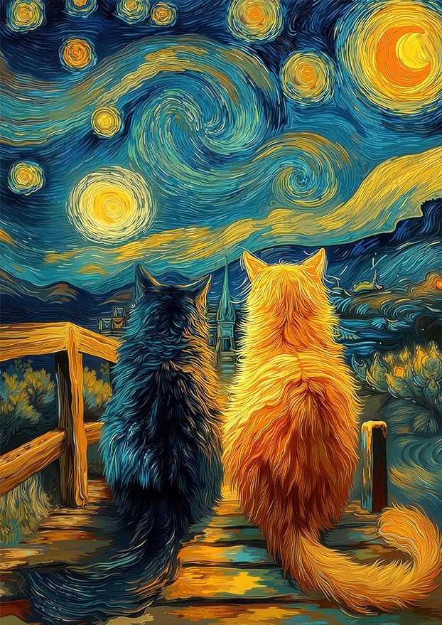 Starry Night Bridge Two Cats 1000 Piece Puzzle for Adults - Van Gogh Inspired Art, Whimsical Town Scene, Poster & Lettered Back, 20"x28" HD, Gift for Cat & Art Lovers