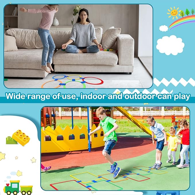 Woanger Hopscotch Outdoor Squares Hopscotch Ring Game with Connectors Outdoor Indoor Obstacle Course for Kids Playground Agility Training