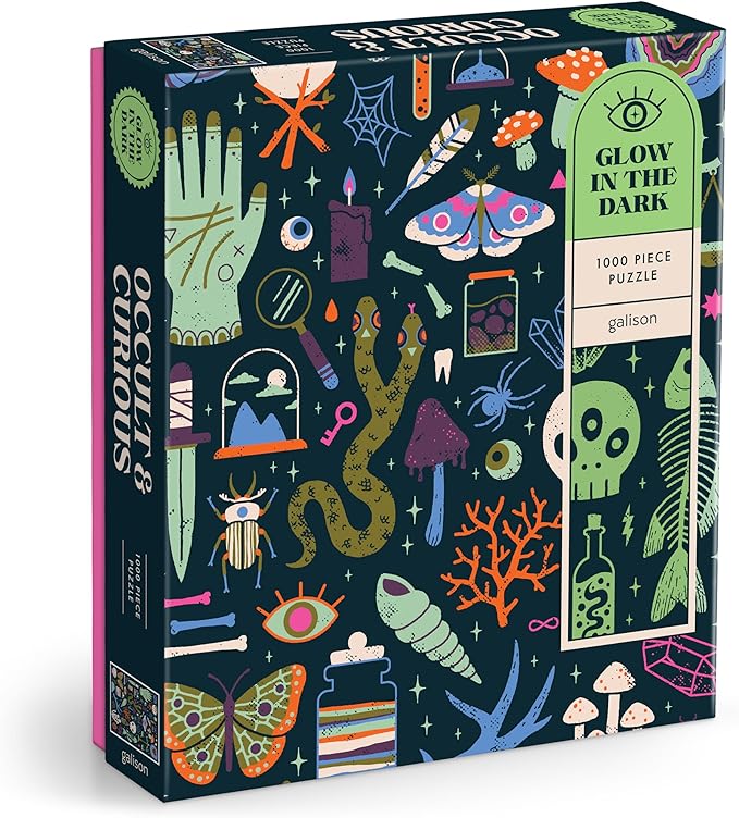 Galison Occult and Curious – 1000 Piece Glow in The Dark Jigsaw Puzzle Featuring an Eerie Collection of Creepy and Spooky Objects