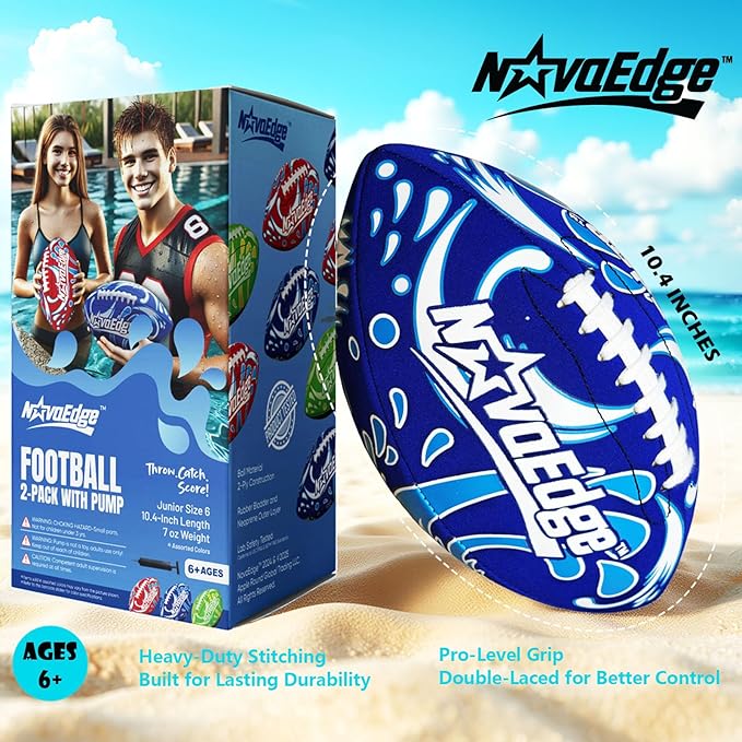 Hydro Water Football - 10.4-Inch Neoprene Pool Football for All Ages | for Water Play in Pool, Lake & Beach | Secure-Grip with Real Laces | Includes Pump | Choose 1 or 2 Ball Pack