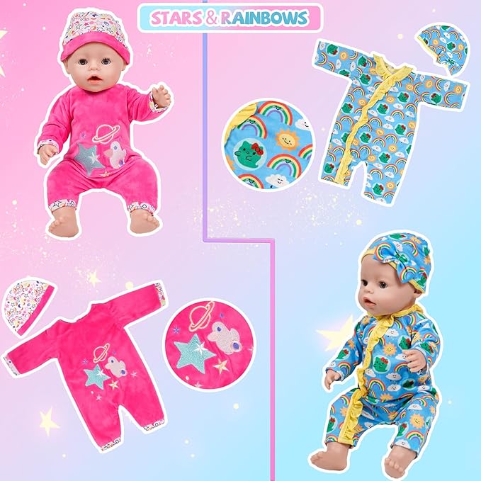 WONDOLL 6 Sets 14-18 Inch Baby Doll Clothes, New Born Doll Outfits with Rompers & Accessories for 16-inch Soft Body Dolls ( No Doll)