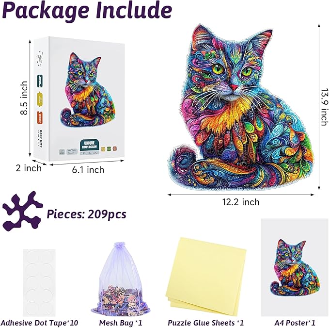 209pcs Wooden Jigsaw Puzzle for Adults – Colorful Cat Puzzle Gift for Cat Lovers, 12.2 x 13.9’’ Unique Animal Shape Wooden Puzzle, Artistic Cats Lover Gift for Women & Men (ColorCat)