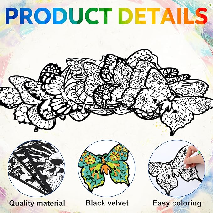 Motipuns 24 Pcs Butterflies Velvet Coloring Fuzzy Posters Color Your Own Velvet Butterflies DIY Posters for Crafts and Arts Family Craft Project Spring Party Accessories and Activities(Fashion Style)