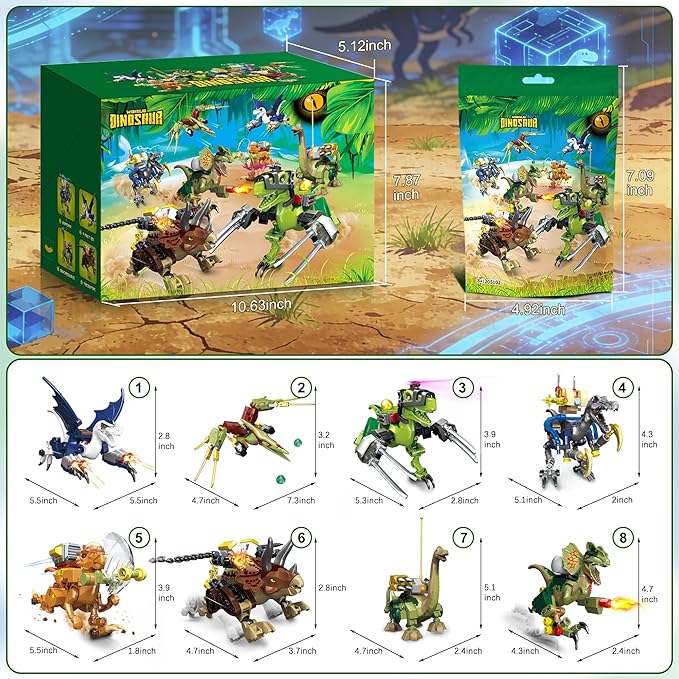700 Piece Dinosaur Building Set - 8 Battle Dinosaurs with Launchable Weapons, Compatible Building Blocks, STEM Educational Toy for Kids Ages 8-14