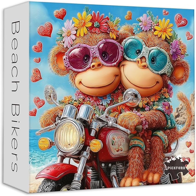 PICKFORU Cute Monkey Jigsaw Puzzles 1000 Pieces, Summer Seaside Motorcycle Puzzles for Adults, Funny Beach Bikers Puzzle