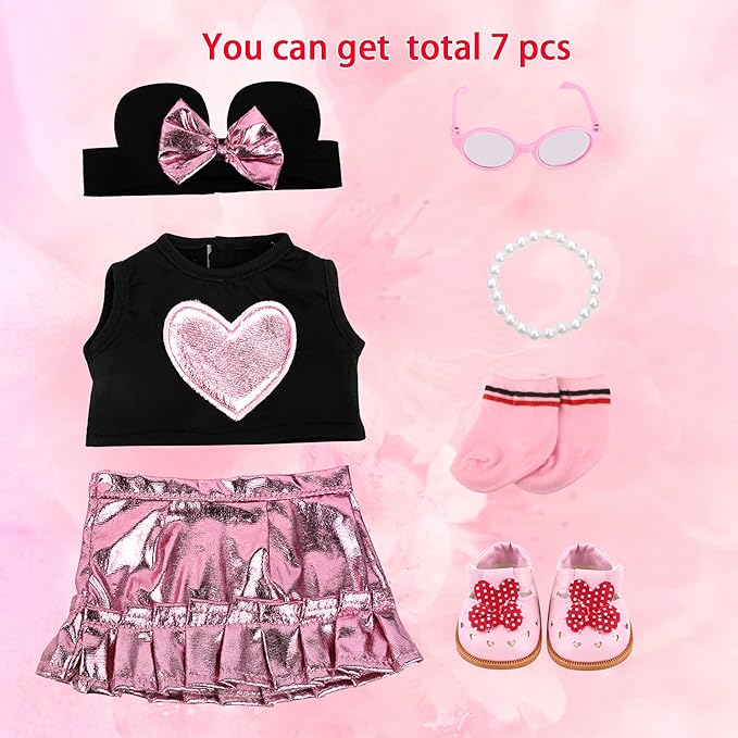 MSYO 18 Inch Doll Clothes & Accessories Set,Black Pink Heart Top & Metallic Pink Skirt Outfit with Mouse Ears Headband,Sunglasses,Socks,Shoes,Bracelet,Fits 16-18 Inch Baby Dolls(Pink)