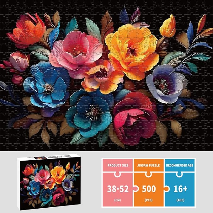 Puzzles for Adults 500 Pieces, Flowers Puzzle Jigsaw Puzzles 500 Pieces - Midnight Bloom, Impossible Puzzle for Home Decor, Finished Size 20.47 * 14.96”, with 1:1 Poster, Letter on The Back