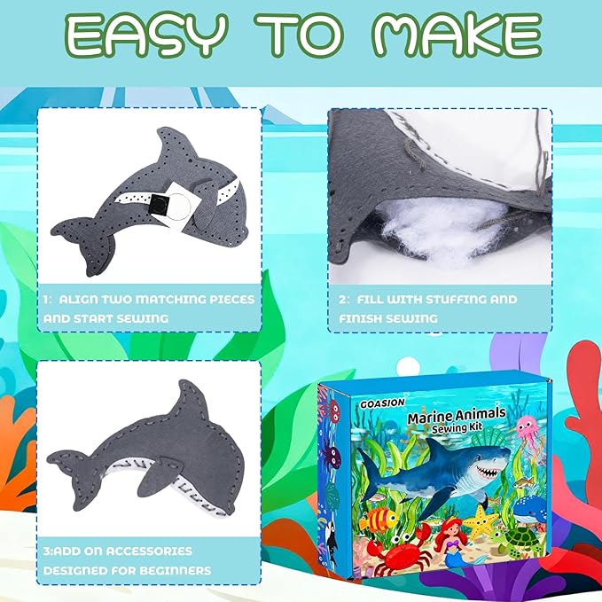 GOASION Sewing Kit for Kids, Ocean Kids Sewing Kit, Pre Punched Design for DIY Hanging Decorations, Sewing Tit for Beginners Age 8-12, Boys & Girls Birthday Gift