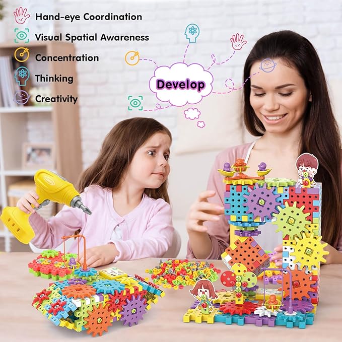 Building Toys, 234 Pieces Upgrade Gear Building Blocks Set Kids Tool Set with Electric Drill, Kids Toys STEM Kits Gifts for Boys Girls Age 3+