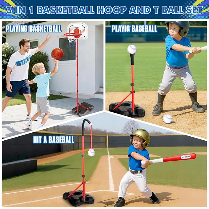 3-In-1 Kids Basketball Hoop and T Ball Set for Age 3-5 6-8, Adjustable Toddler Basketball Hoop, Hanging Tee Ball for Outdoor, Birthday Christmas Sport Toys Gift for Boys Girls 3 4 5 6 7 8 Year Olds