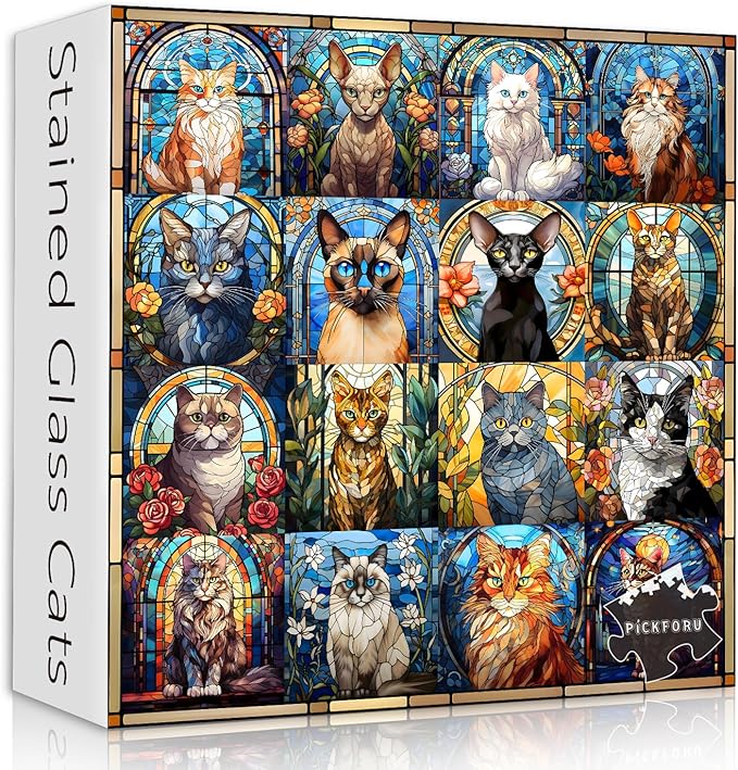 Stained Glass Puzzle Cat Puzzles for Adults 1000 Pieces, Colorful Kitty Kitten Collage Puzzles 1000 Pieces, Hard Difficult Impossible Challenging Jigsaw Puzzles for Adults