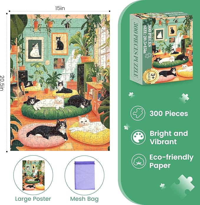 Jigsaw Puzzles 300 Pieces for Adults,300 Piece Puzzles for Kids Ages 8-10 10-12 Cat Aniamls Puzzle 300 Pieces Easy Jigsaw Puzzles Challenging Puzzles Family Activity Game Nights Gift Toy 20.5x15 in