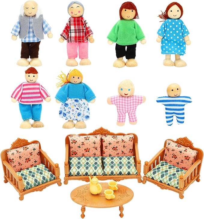 ONEST 15 Pieces Wooden Dollhouse Family Set Mini People Figures Sets Dollhouse Dolls Wooden Doll Family Pretend Play Figures Accessories for Pretend Doll House