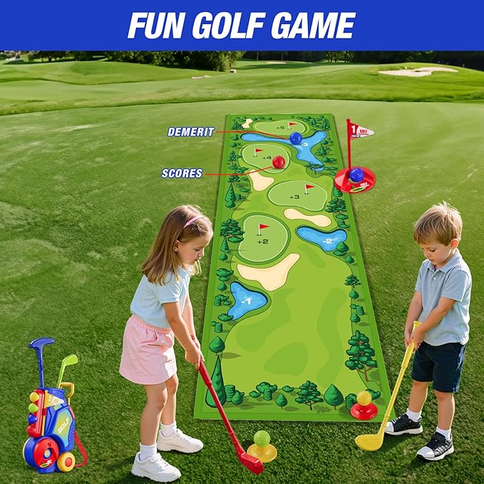 3 in 1 Toddler Golf Set with Putting Mat & Sticky/Golf Game, Kids Golf Club with 8 Balls, 4 Plastic Clubs, Scoreboard, Indoor Outdoor Sport Toys with Golf Cart Gift for Boys Girls Aged 2-5, Blue