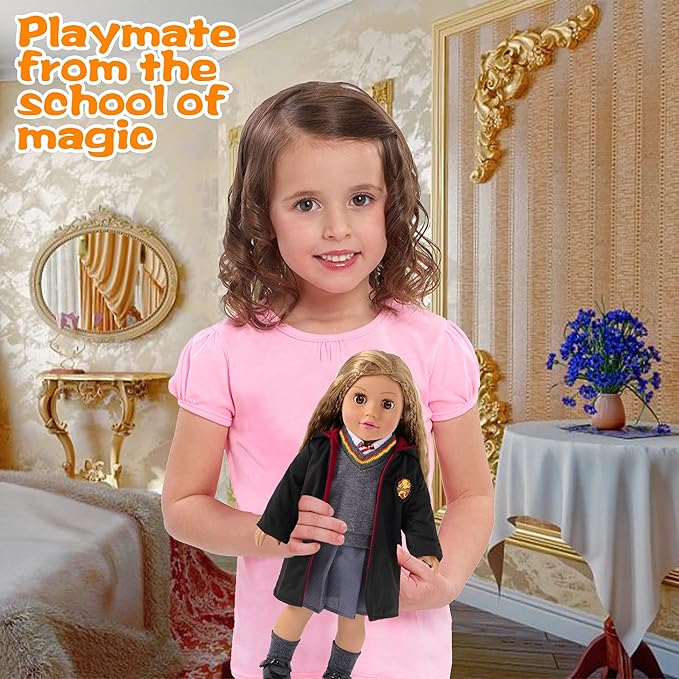 18 Inch Doll Clothes - 8 Pcs Inspired Magic School Costume Uniform Outfit, Doll Accessories with Magic Wand & Robes, Gift for Girls (No Doll)