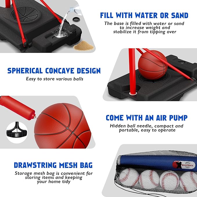 4 in 1 Kids Basketball Hoop and T-Ball Set - Adjustable Hanging T-Ball Stand with Automatic Pitching Machine, Indoor Outdoor Sports Toys, Christmas Birthday Gifts for Boys Girls Ages 3-8