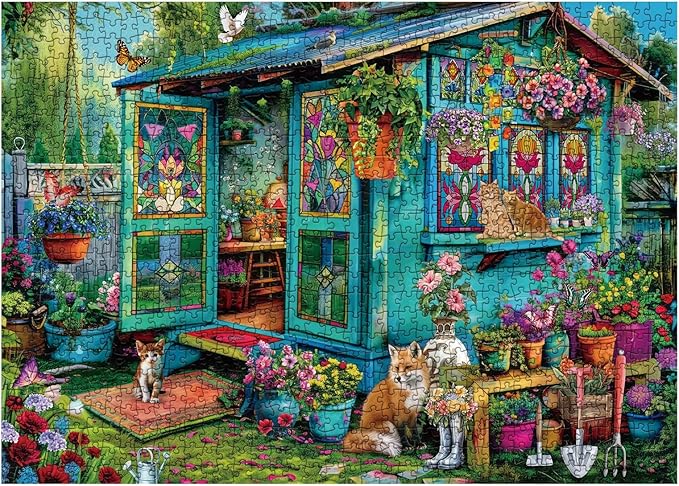 Garden Flower Puzzle 1000 Piece for Adults, Plant Gardening Jigsaw Puzzles, Spring Bird Cat Puzzle