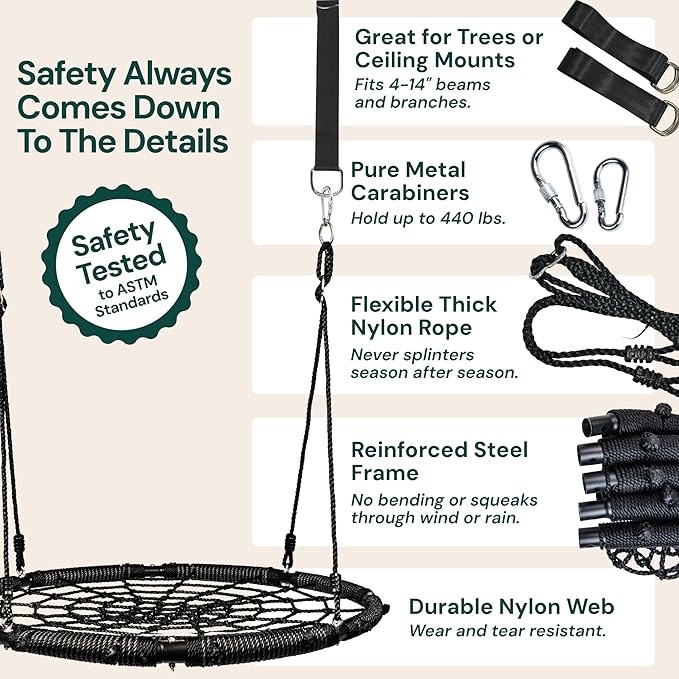 PLAYVIBE Spider Web Tree Swing Year-Round Gift - 40-Inch Black Saucer - 440 lb Capacity & 900D Oxford Waterproof - Heavy-Duty Steel Frame & Hanging Straps, Outdoor Swing Set Accessories for Toddlers