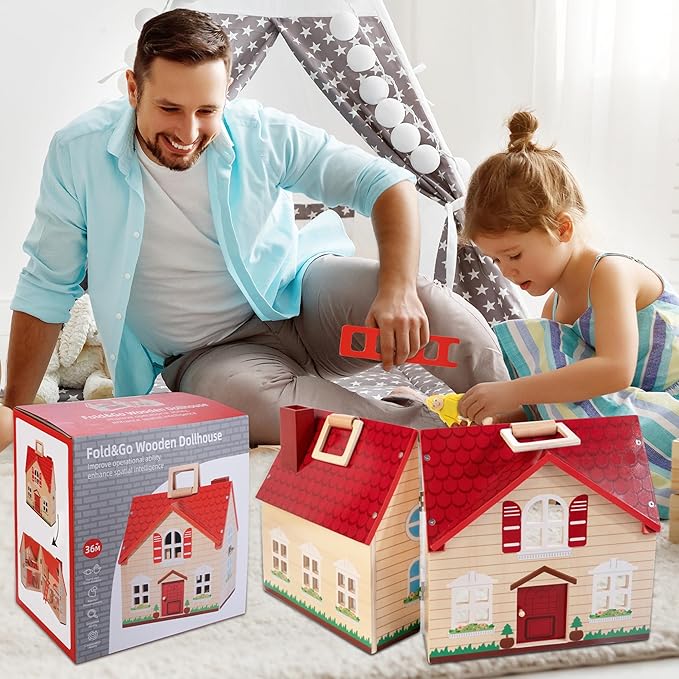 WOODMAM Foldable Wooden Dollhouse with 13PCS Furniture, 4 Rooms and 2 Flexible Dolls, Pretend Play Doll House Set with Portable Handle, Christmas Birthday Gift for Boys Girls Age 3+, Cottage