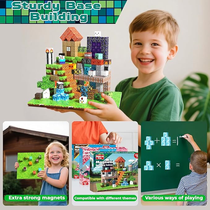 200PCS Magnetic Building Blocks with 6 Base Plate, Magnetic Blocks Cubes for Kids Ages 4-8, Stacking Magnet Blocks STEM Building Toys for Boys Girls Ages 3 4 5 6 7 8-12 Easter Birthday Gifts