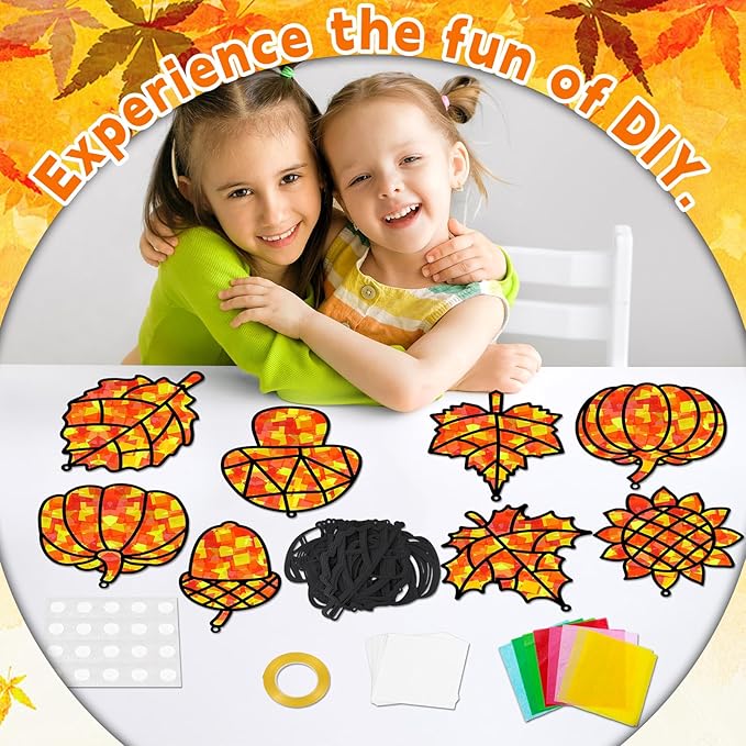 32 Sets Fall Thanksgiving Suncatchers Craft Kit DIY Window Stained Glass Effect Autumn Harvest Paper Crafts Home School Classroom Decoration Kid Birthday Gift Creative Art Project Activity Game