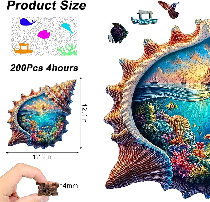 Wooden Puzzles for Adults, 210 Pieces Unique Seashell Shaped Wooden Jigsaw Puzzle, 3D Underwater & Sea Surface Pattern Wood Puzzle, Easter Gift for Mom, for Adult Puzzle Lovers