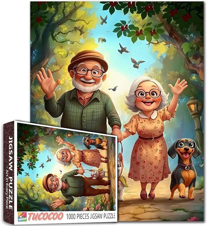 Old Man and Old Woman 1000 Piece Jigsaw Puzzles for Adults Couple Walking Painting Jigsaw Puzzle Cute Animal Dog 1000 Pieces Puzzles 20''x27”inch DIY Craft Puzzle Art Wall Decor Family Challengings