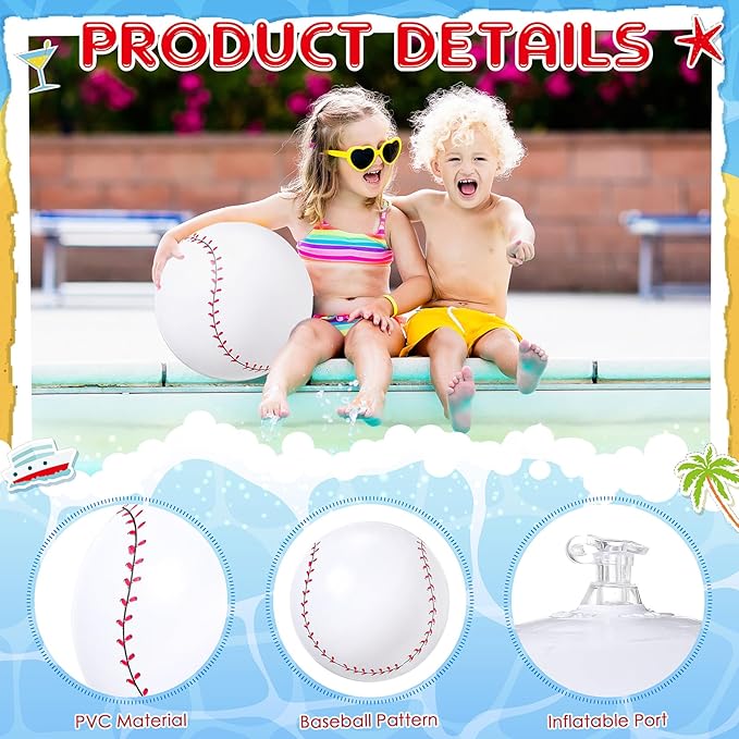 24 Pack Inflatable Baseball Beach Ball Pre-12 Inch Small Blow up Beach Balls Baseball Bulk Inflatable Balls for Summer Swimming Pool Ball Beaches Game Toys Outdoor Sports Events Baseballs Party Favors