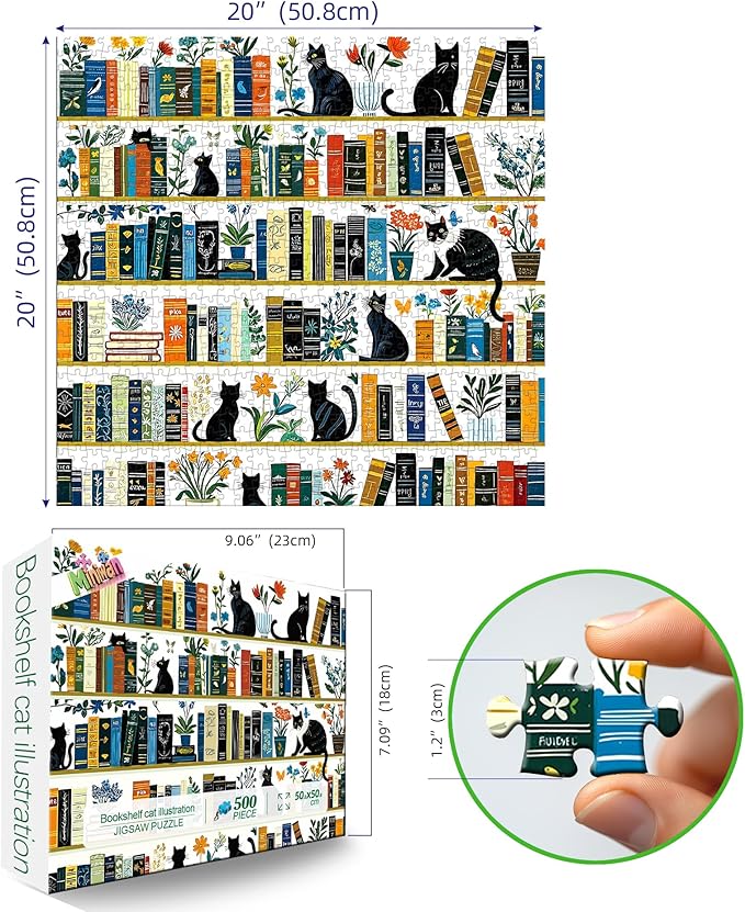 MINIWAN Aesthetic Black Cat Bookshelf 500 Piece Jigsaw Puzzle for Adults, Vintage Botanical Flower Art Puzzle, Large Piece Puzzle for Seniors Gift for Cat and Book Lovers 20x20 Inch