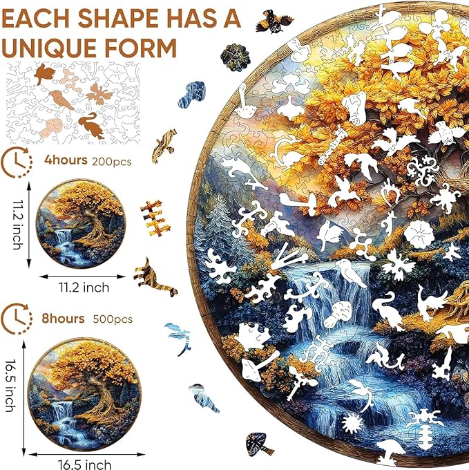 Qiuenisray Wooden Puzzles for Adults, Tree of Life Waterfall River Jigsaw Puzzles 200 Piece, FSC Certified Unique Shape Puzzles Piece, Wall Decor Wood Puzzle Creative Gift for Family Game 11.2x11.2 in