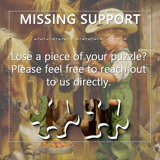Country Farm Animals Puzzles for Adults 1000 Pieces, Vintage Cowboy Boy with Horses, Cat, Puppy Scene Jigsaw Puzzle, Challenging Rustic Barn Farmhouse Art Puzzle