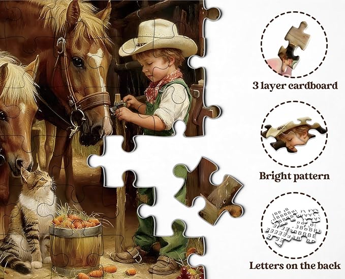 Country Farm Animals Puzzles for Adults 1000 Pieces, Vintage Cowboy Boy with Horses, Cat, Puppy Scene Jigsaw Puzzle, Challenging Rustic Barn Farmhouse Art Puzzle