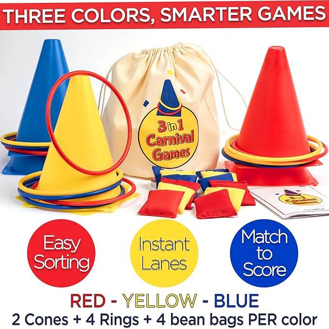 Ring Toss Game, Obstacle Course for Kids 3-5 & Birthday Party Games, Carnival Bean Bags for Tossing Gross Motor Toys for Toddlers 3-5, 12 Rings & 12 Bean Bags, 6 Cones for Kids, PE Equipment