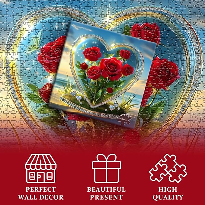 Heart Puzzles for Adults 1000 Pieces, Rose Flower Crystal Beach Romantic Valentine's Day Puzzle, Floral Love Puzzle Ocean Challenge Jigsaw Puzzle