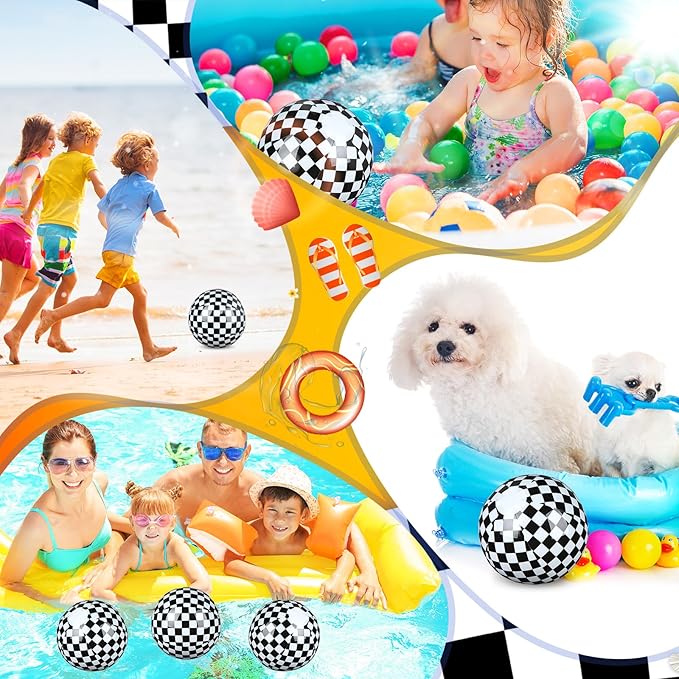 12 Pack Black and White Checkered Flag Themed Beach Ball for Kids 7.87" Bulk for Summer Pool and Beach Game Gifts Race Car Birthday Party Supplies and End of The Year Class Decorations Favor