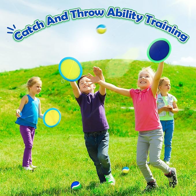 Charniol Kids Toys Toss and Catch Game Set Beach Game Outdoor Ball Sports Games Toss and Catch Ball Nylon Toys for Kids Adults (Blue Yellow,Blue Green,12 Paddles 6 Balls)
