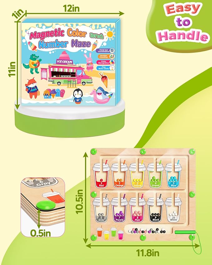 Kidific Magnetic Color and Number Maze, Montessori Toys for 2 3 4 Year Old, Wooden Color Matching Puzzle Board, Preschool Learning Activities for Ages 2-4 for Girls Boys Birthday Gifts - Coffee Cups