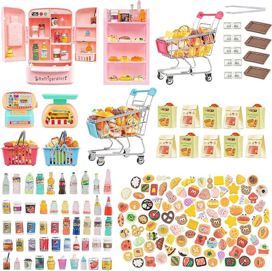 180 Pcs Dollhouse Furniture Miniature Kitchen Accessories Mini Shopping Cart Metal Trolley Basket Food Drink Toy Supermarket Store Grocery Shelves Cash Register Fridge Scale Pretend Play Game Party